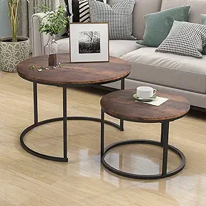 HOJINLINERO Industrial Round Coffee Table Set of 2 End Tables