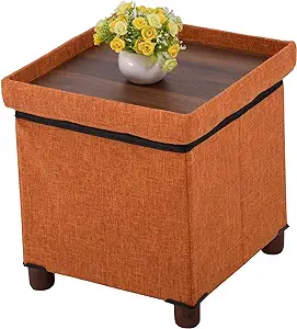 15 Inches Storage Ottoman with Wooden Legs Cube Foot Rest Stool