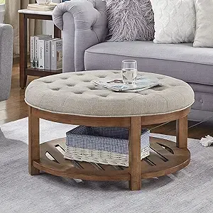 24KF Large Round Upholstered Tufted Linen Ottoman Coffee Table