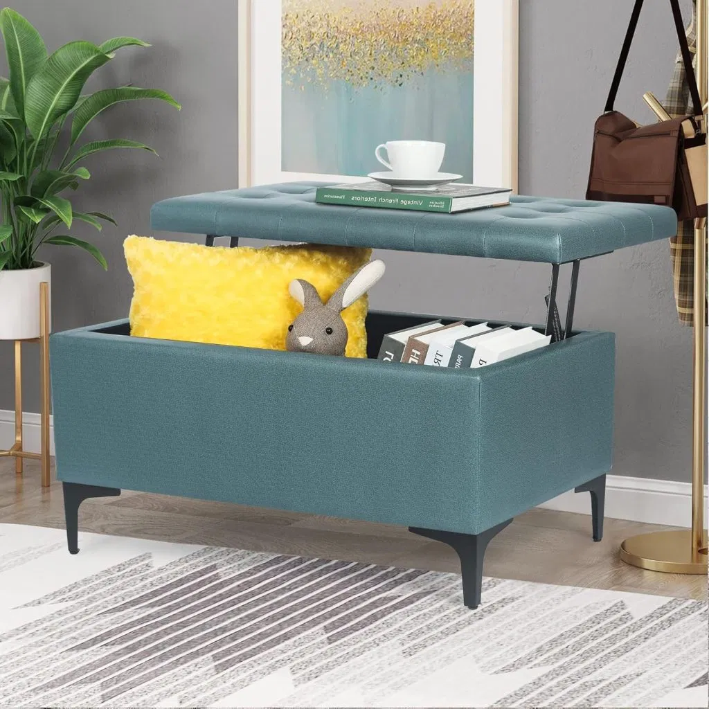 Homebeez Leatheaire Storage Ottoman Bench Rectangular Footstool Coffee Table with Lift Tabletop