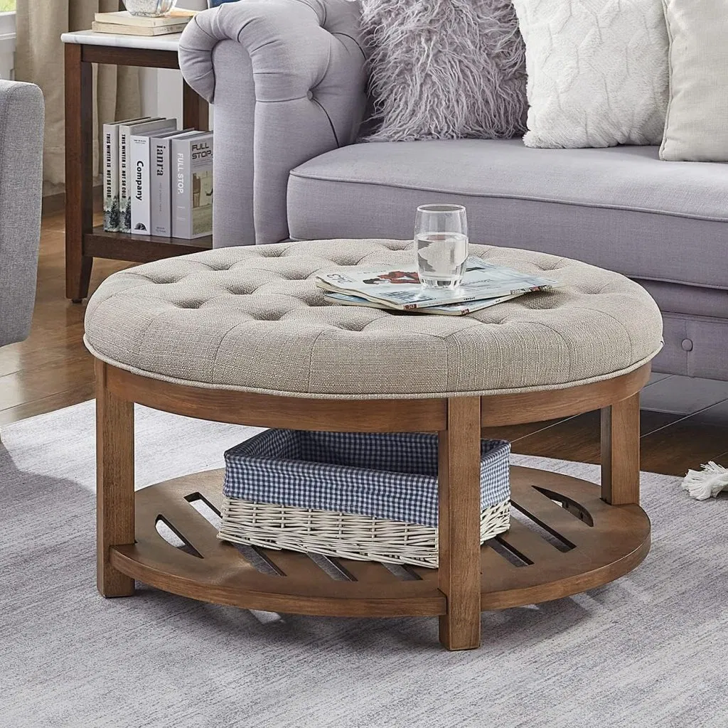 Large Round Upholstered Tufted Linen Ottoman Coffee Table