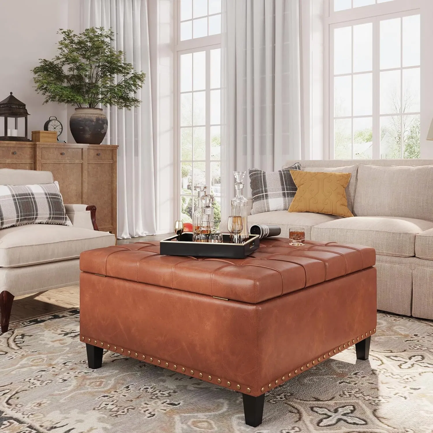 Square Leather Ottoman with Storage