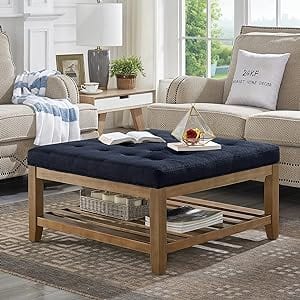 24KF Large Square Upholstered Tufted Linen Ottoman
